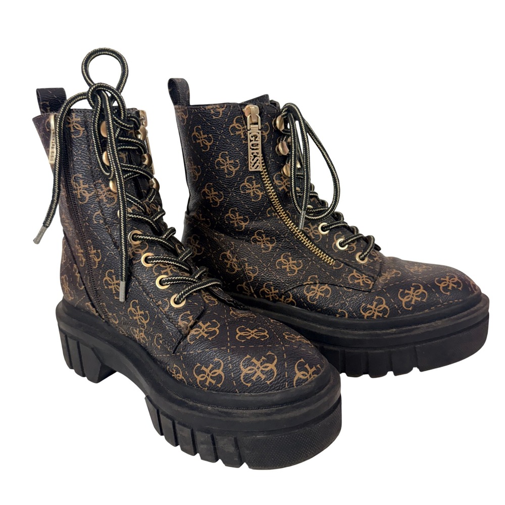 Guess Ferina Combat Boots Monogram Logo Platform  7.5